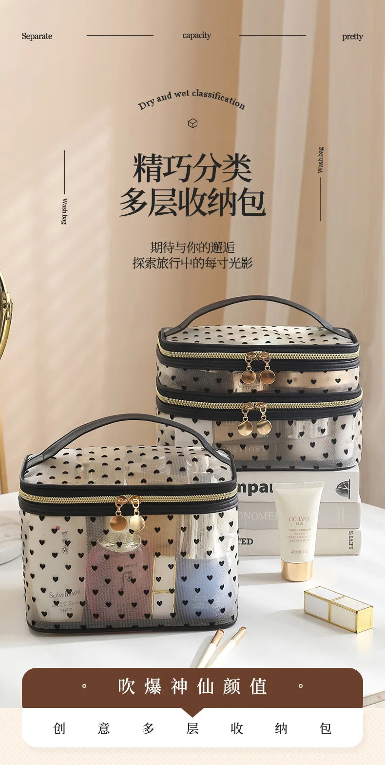Double-Layer Black Mesh Cosmetic Bag – Large Capacity Travel Makeup Case Organizer with Zipper Toiletry Pouch