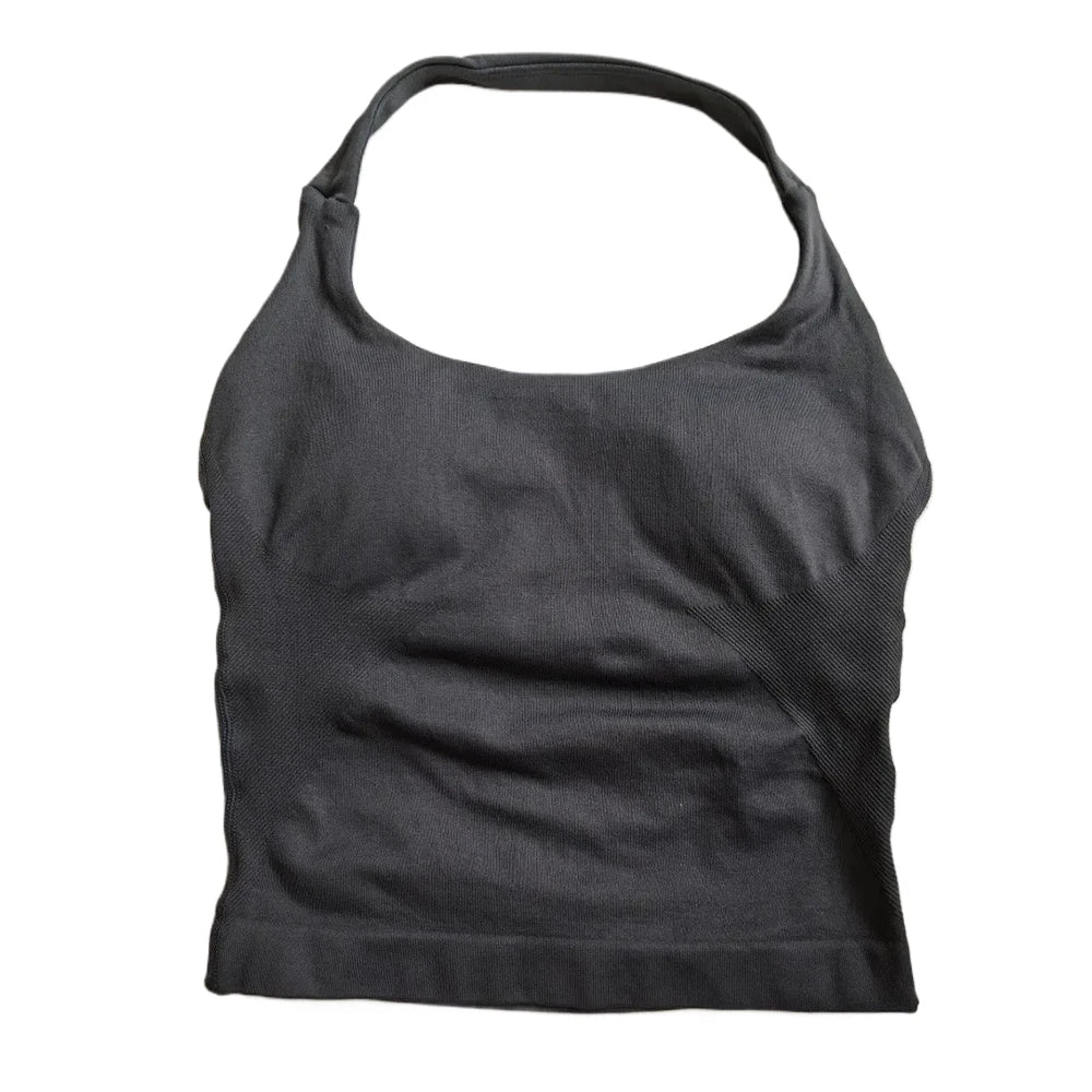 Women’s Strappy Gym Tank Top – Padded Sports Bra Backless Seamless Yoga Crop Top Halter Fitness Vest Activewear