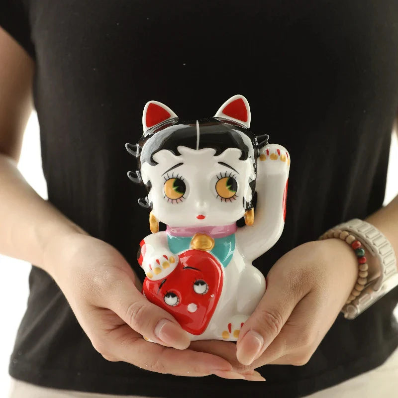 Cute Ceramic Lucky Cat Statue – Cartoon Home Decor for Living Room, Bedroom & Store