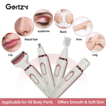 4-in-1 Rechargeable Electric Razor for Women – Wet & Dry Painless Trimmer for Face, Nose, Legs, Underarm & Bikini