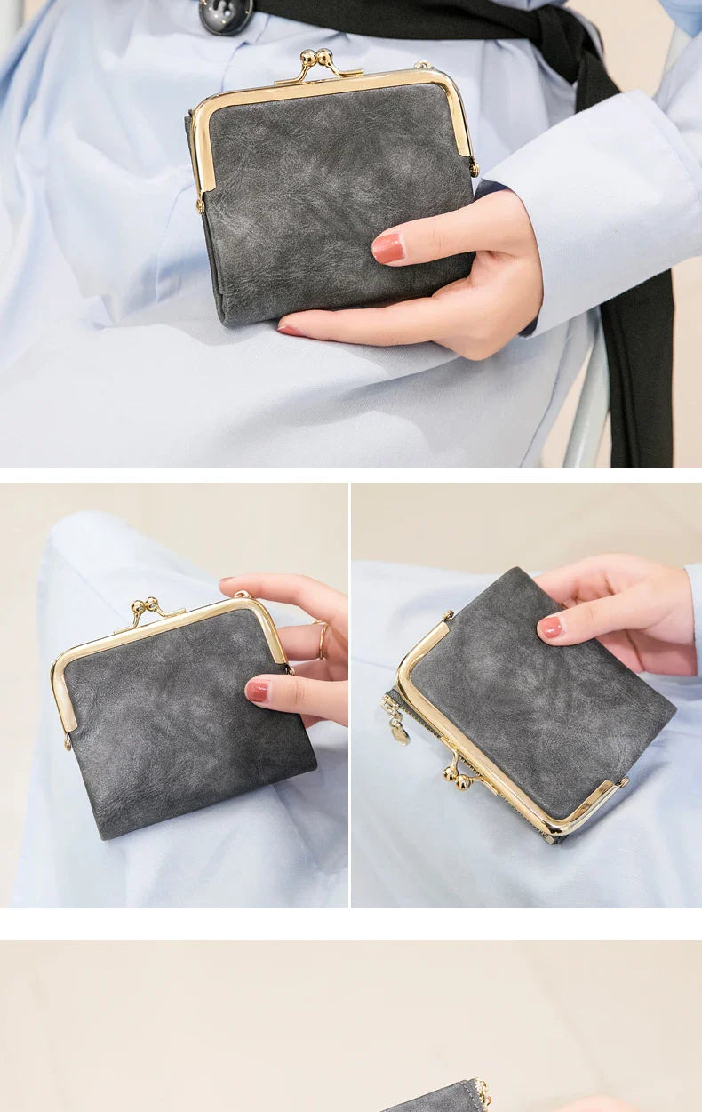 MIYIN Women’s Small Wallet – RFID Compact Bifold Leather Coin Purse with Zipper & Kiss Lock, Vintage Design