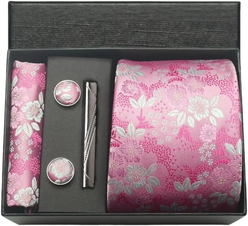 100% Silk Paisley Floral Necktie Set for Men - Premium Business Tie with Pocket Square Tie Clip Cufflinks Gift Box