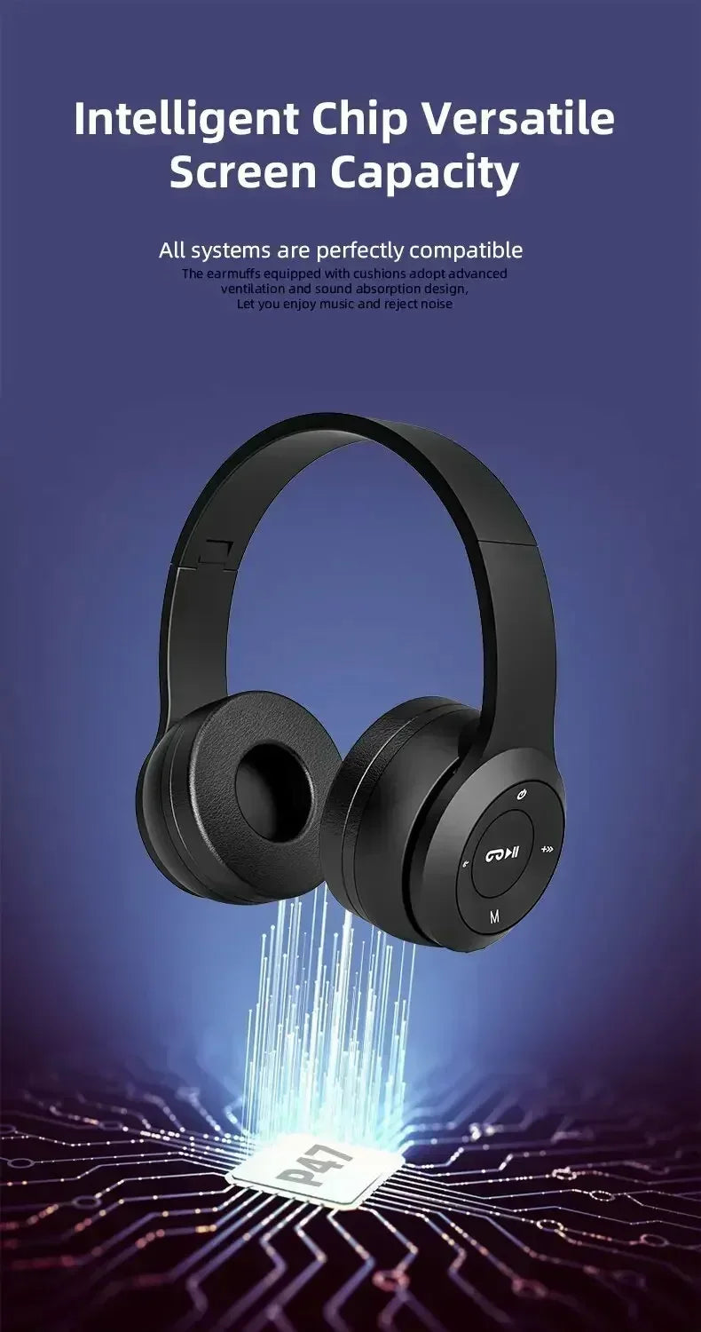 2025 New Stereo P47 Bluetooth Headset – Wireless 5.0 Sports Gaming Headset, Folding Design for iPhone & Xiaomi