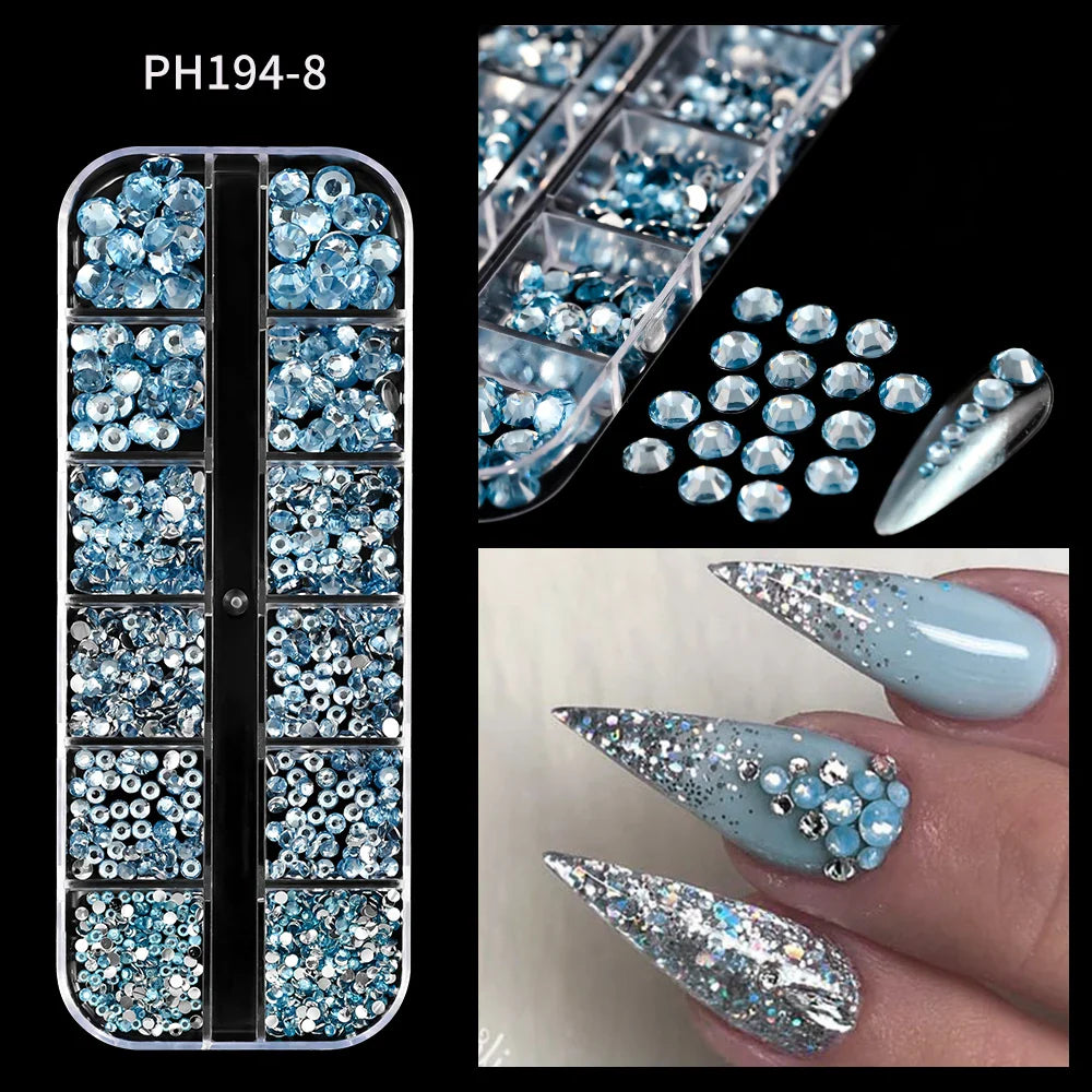 12-Grid 3D Glass AB Crystal Nail Art Rhinestones Kit – Flatback Round Beads with Tools for Nail Jewelry & Diamond Decoration