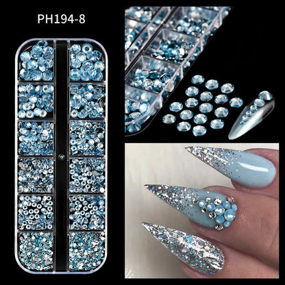 12-Grid 3D Glass AB Crystal Nail Art Rhinestones Kit – Flatback Round Beads with Tools for Nail Jewelry & Diamond Decoration