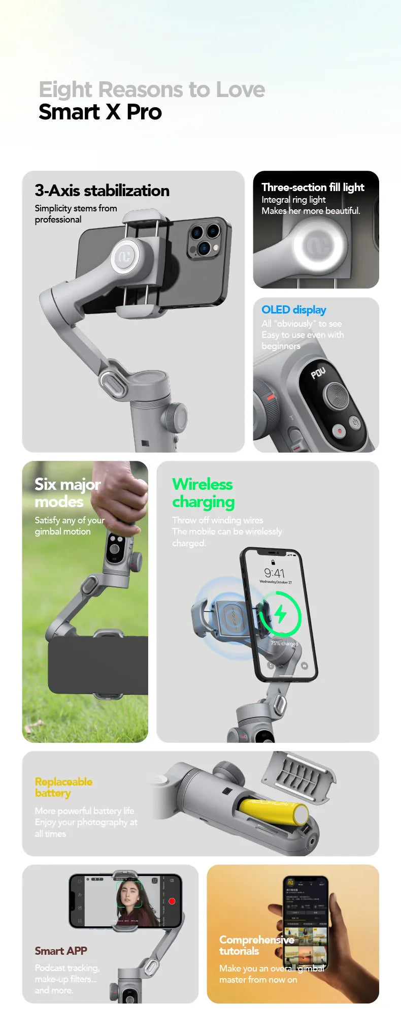 Handheld 3-Axis Gimbal Stabilizer – Smart X Pro for Smartphones, Wireless Charging, OLED Display, LED Light & Focus Wheel
