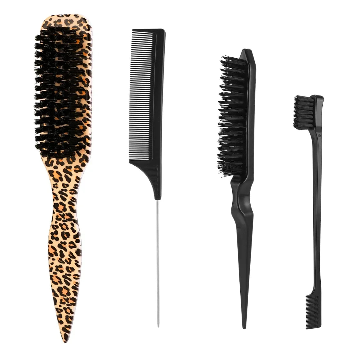 4Pc Boar Bristle Hair Brush Set - Slick Back Styling Tools for Ponytails, Buns, Baby Hair and Flyaway Control