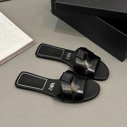 2025 Summer Women's Designer Open Toe Woven Flat Slippers – Comfortable Casual Shoes