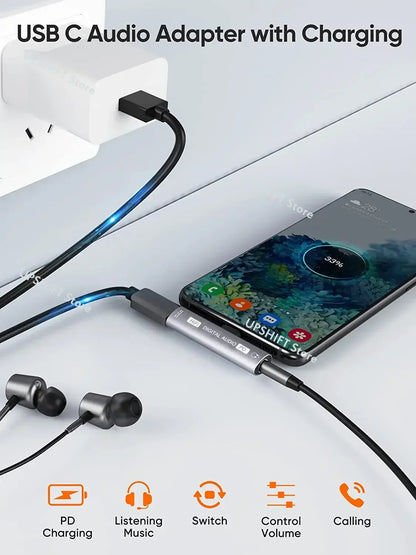 2-in-1 USB C to 3.5mm Headphone & Charger Adapter with PD Fast Charge, DAC Decoding Chip, and HIFI Sound - T-Shape Connector
