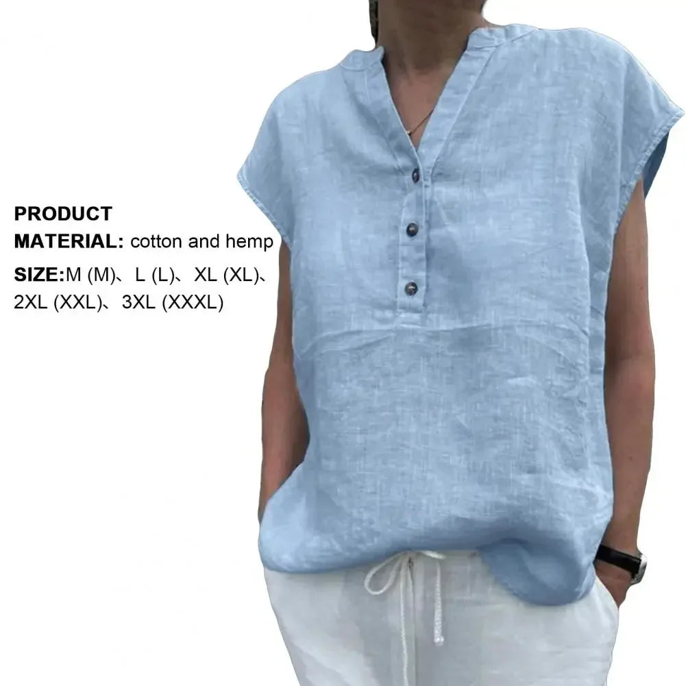Women’s Cotton Linen V-Neck T-Shirt Blouse – Solid Color Short Sleeve Summer Quick-Dry Casual Top