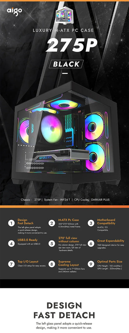 Aigo 275P Gaming PC Case — Sea View M-ATX/ITX Desktop with Double-Sided Tempered Glass