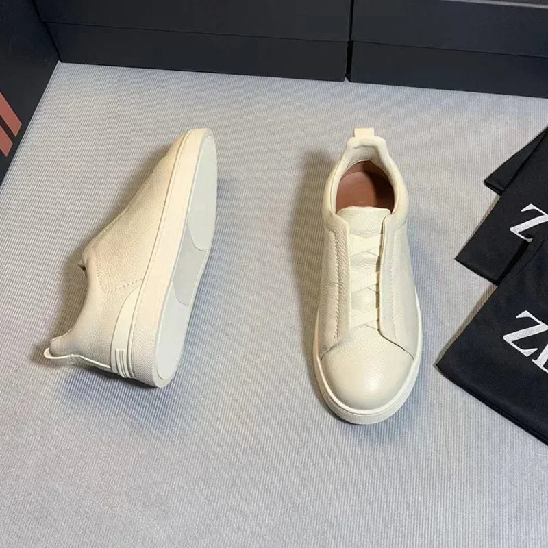 Men's Summer Casual Shoes — Top Layer Cow Leather, Breathable Luxury Deer Skin Slip-On Sneakers