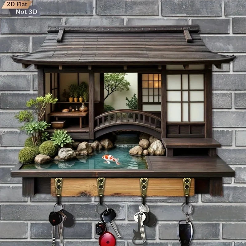 2D Retro Japanese-Style Wooden Key Hook – Multi-Functional Wall Key Holder for Home, Porch & Kitchen Storage