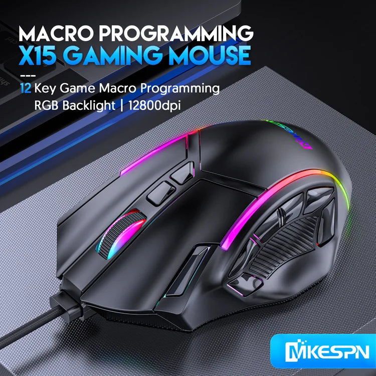 12800DPI RGB Gaming Mouse – Free Weight Macro with 12 Programmable Keys, 6-Level RGB Light for PC, Mac, PUBG, Laptop
