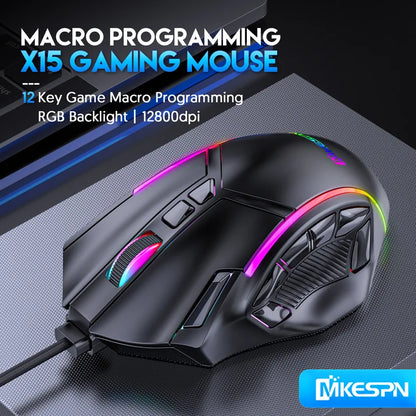 12800DPI RGB Gaming Mouse – Free Weight Macro with 12 Programmable Keys, 6-Level RGB Light for PC, Mac, PUBG, Laptop