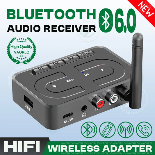 VAORLO Bluetooth 6.0 Audio Receiver – 3.5mm AUX/RCA Wireless Adapter with Mic, USB U-Disk Support for Car, Speaker & Amplifier HiFi Stereo