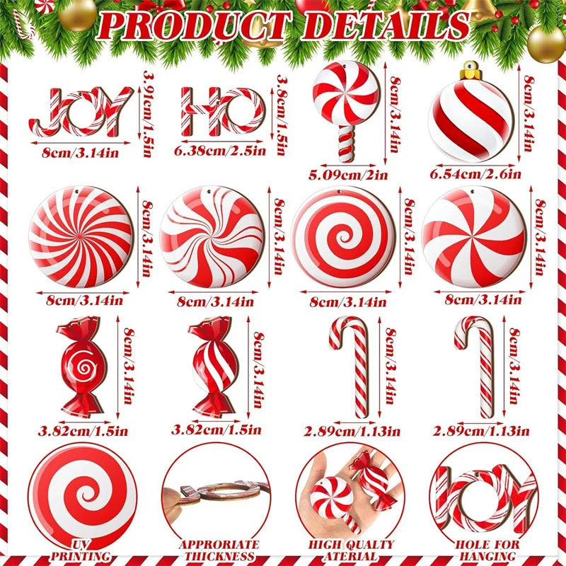 12PCS Wooden Christmas Candy Ornaments – Red & White Hanging Decorations for Tree, Home & New Year Party