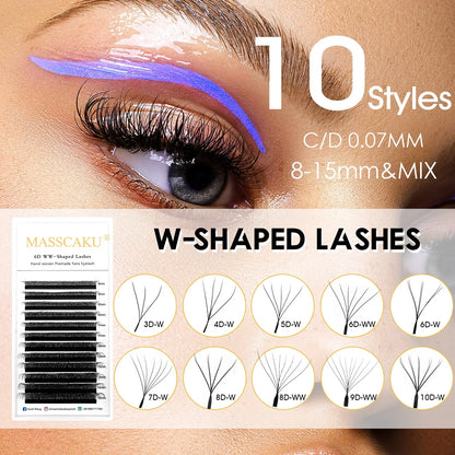 MASSCAKU 12 Lines Premium Mink 3D–6D W Shape Pre-Made Lash Extensions – Soft Natural False Eyelash Extension Supplies