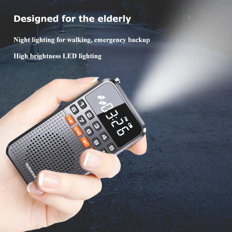Portable FM Mini Radio: Dual Antenna Pocket Receiver with Bluetooth 5.0 Speaker - TF Card Music Player & LED Flashlight