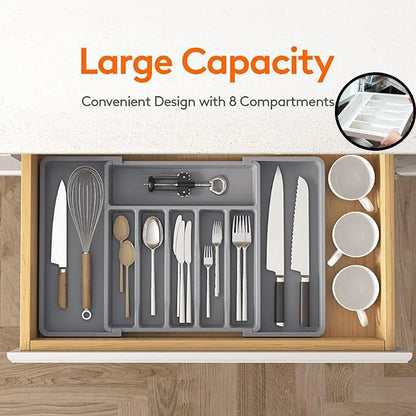 Expandable Adjustable Cutlery Drawer Organizer – Kitchen Utensil Tray with Compartments and Flatware Divider