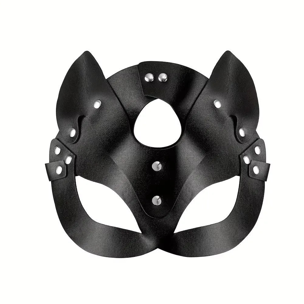 Black Cat Mask - Synthetic Leather Chain Harness Cosplay Masquerade Accessory