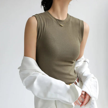 Women’s Cotton Camisole Vest – Colorful Round Neck Basic Sleeveless Undershirt with Side Cleavage Coverage C4878