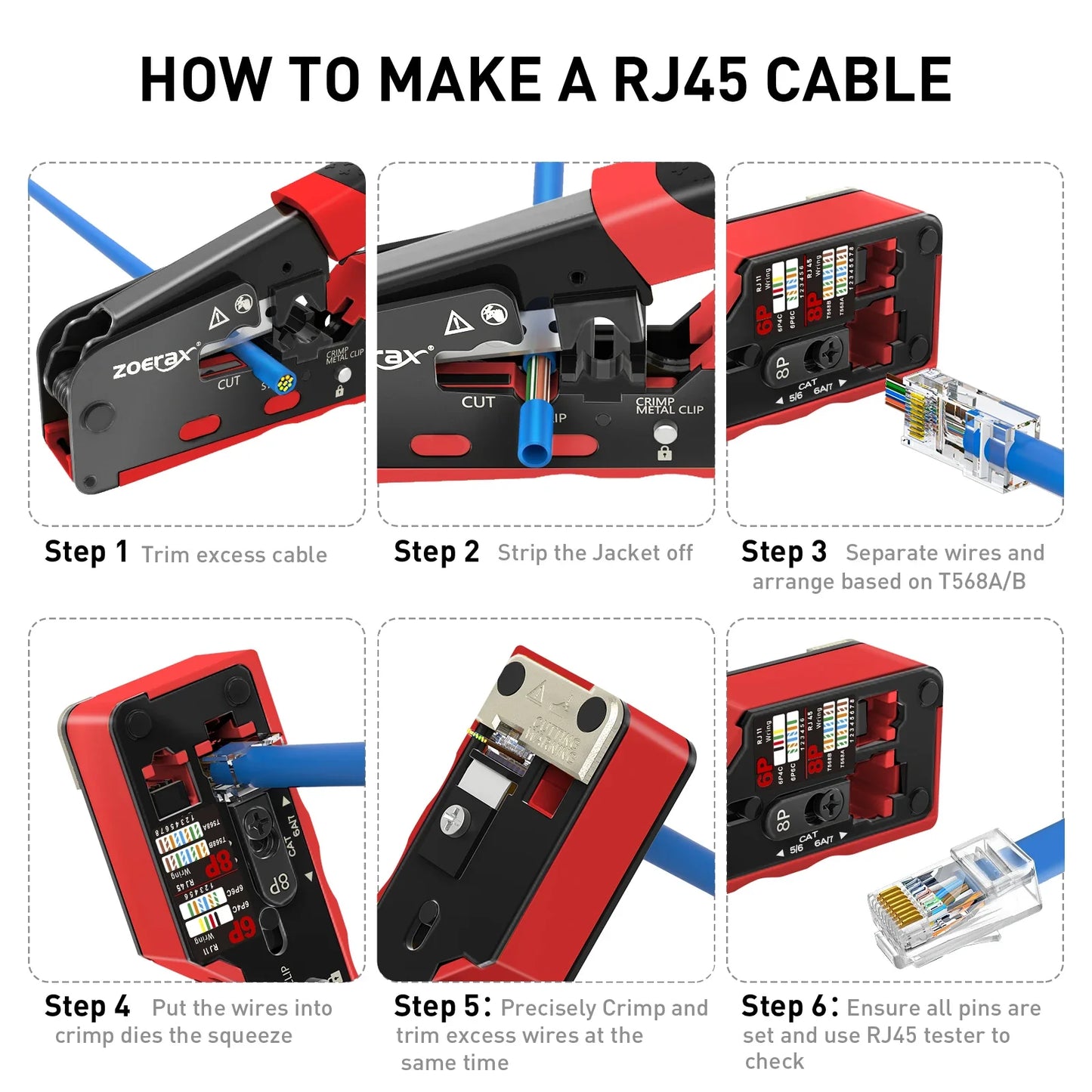 ZoeRax RJ45 Network Crimping Tool - CAT7 CAT6A CAT6 CAT5e Ethernet Cable Cutter & Wire Stripper