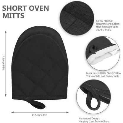 Short Silicone Oven Mitts – High Heat Resistant 500℉ Kitchen Gloves with Non-Slip Grip & Hanging Loop (Black)