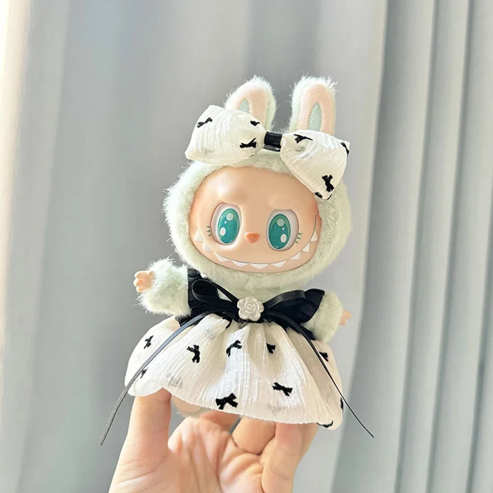 17cm Mini Plush Doll Clothes — Kpop Labubu Idol Outfit with Pink Silk Bow & Princess Gauze Skirt Accessories