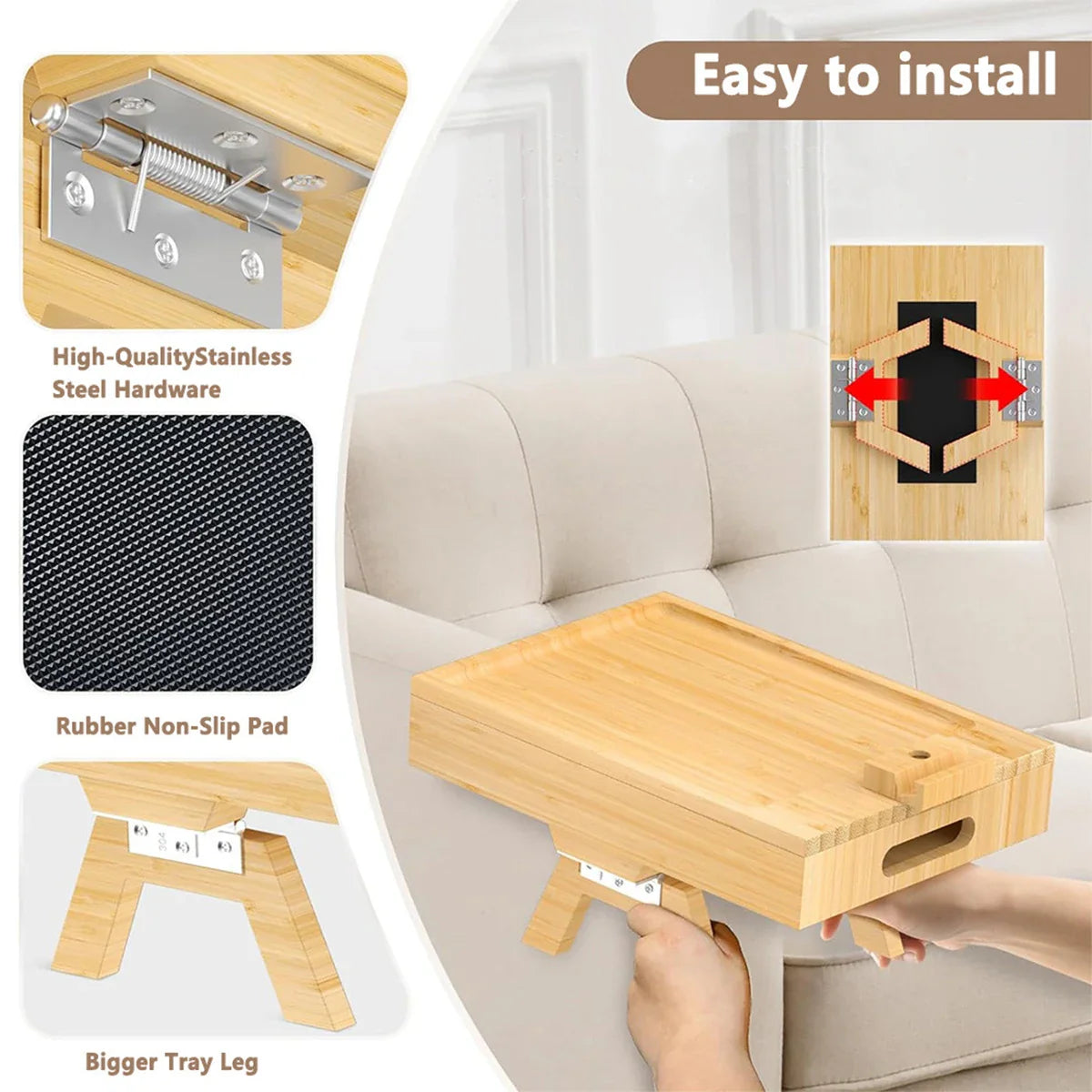 Sofa Armrest Tray with Storage Box – Bamboo Couch Arm Table with 360° Rotating Top & Phone Stand