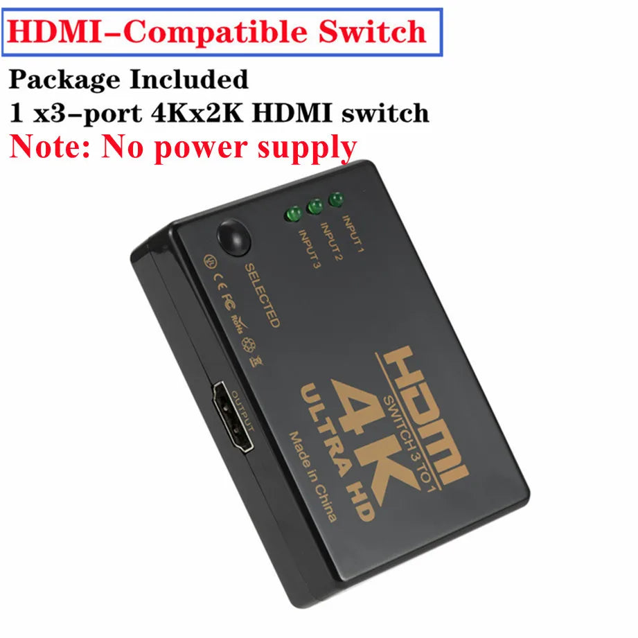 3x1 HDMI Switch 4K/1080P – 3 Input 1 Output Video Splitter Adapter Hub for Xbox, PS4, PC, Laptop & HDTV