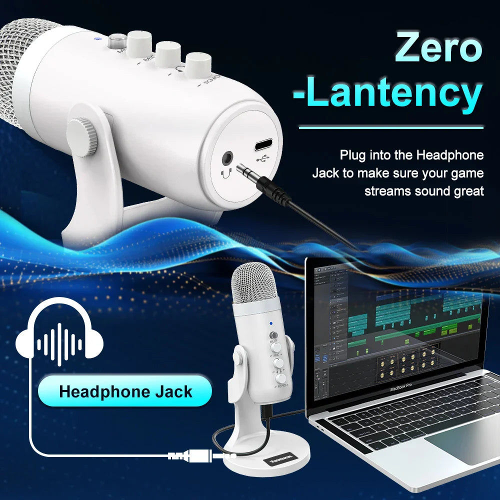 Haomuren Professional USB Condenser Microphone – White Studio Recording Mic for PC, Phone & Streaming