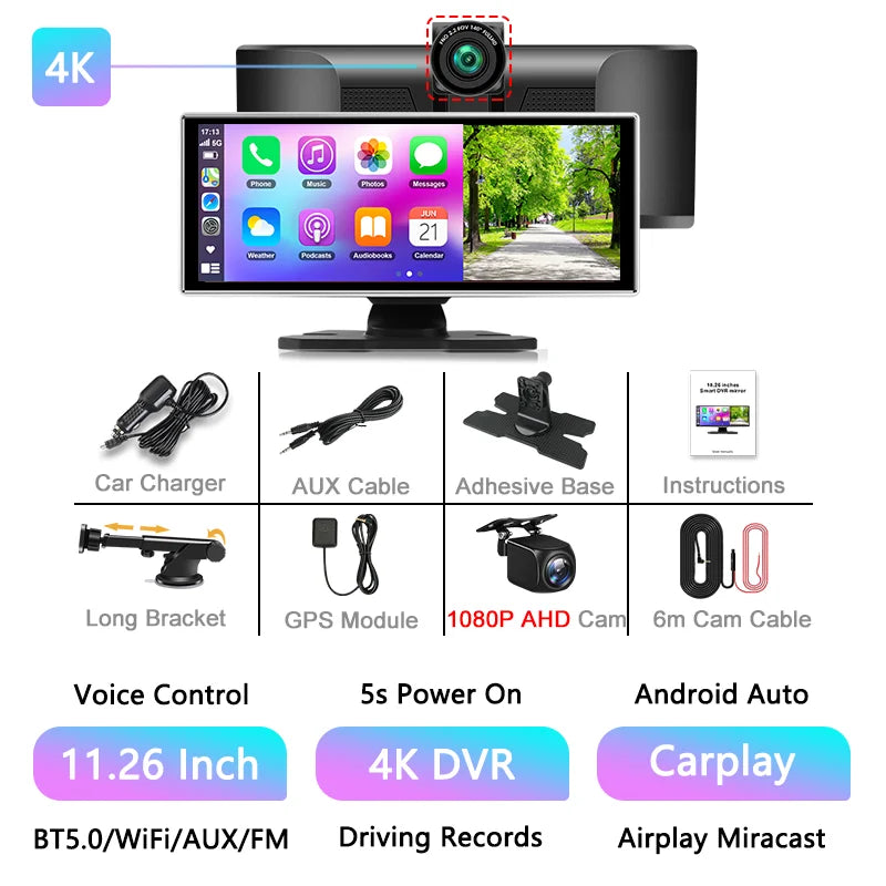 11.26" 4K Car DVR Dash Cam — Wireless CarPlay & Android Auto, Dual Lens Video Recorder with AI Screen, GPS Navigation, HD Dashboard Monitor