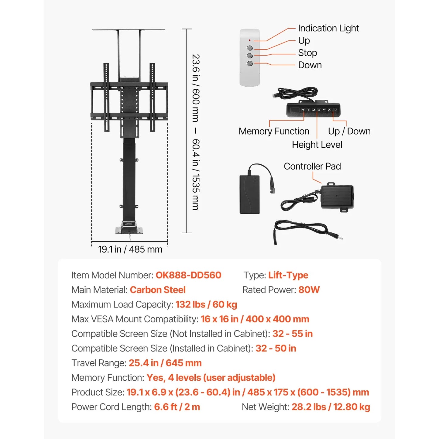 SucceBuy Motorized TV Wall Mount Bracket for 32–70 Inch TVs – Adjustable Electric Lift, Heavy Duty, Max VESA 24x16/24, 88–132 lbs Capacity