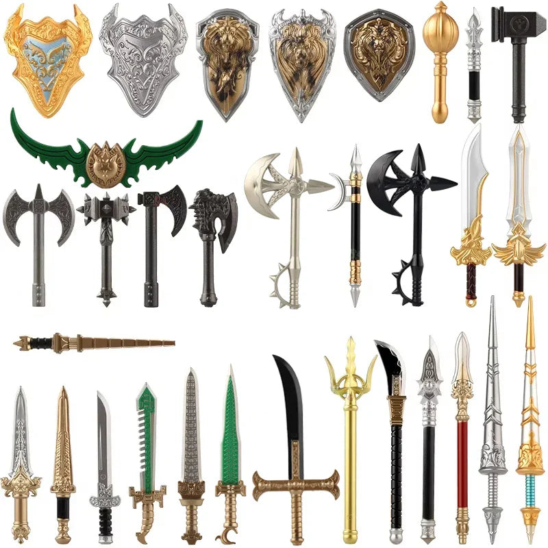 Medieval Figure Weapons Building Blocks Kit – King Sword, Lion Shield, Trident & Double-Edged Axe Battle Toy