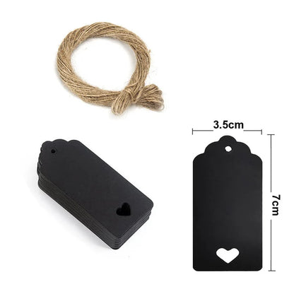100PCS Hemp Rope & 20m Gilded Hanging Tags – Cowhide Black & White Cardboard Blank DIY Heart & Circle Labels