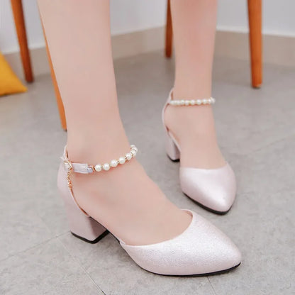 Women’s Elegant White Pearl Buckle Pumps — Square Heel Office & Leisure Shoes