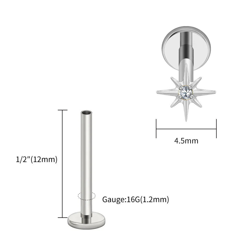 Right Grand ASTM F136 Titanium CZ North Star 16G Flat Back Earring – Tiny Starburst Helix, Cartilage & Earlobe Stud Piercing Jewelry