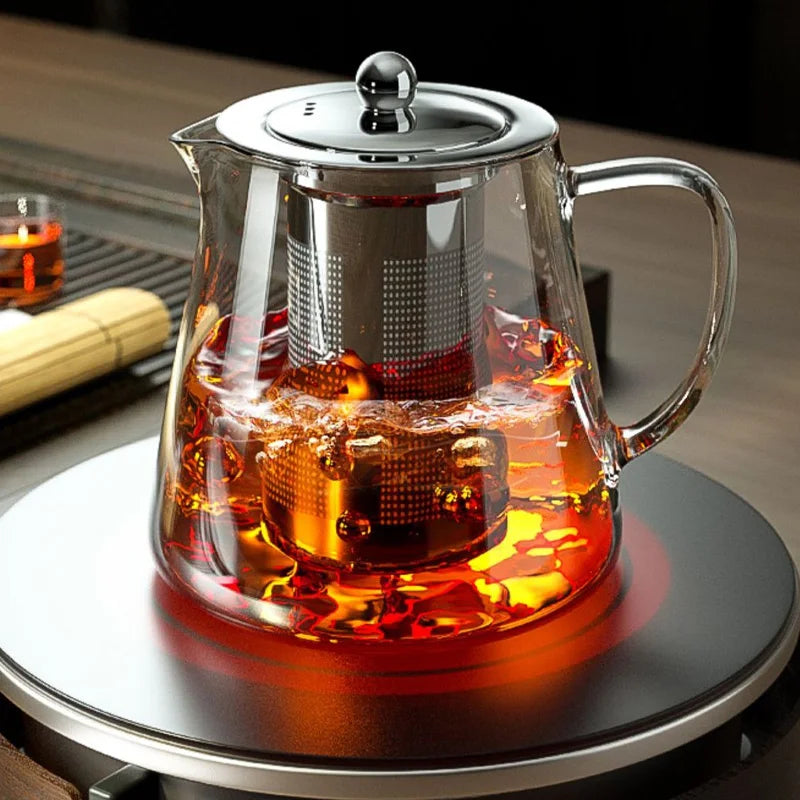 Heat-Resistant Glass Teapot with Stainless Steel Tea Strainer Infuser – Flower Kettle Kung Fu Teaware Set for Puer & Oolong Tea
