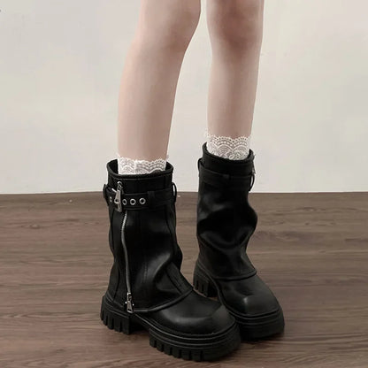 Women’s Winter Biker Boots – Fashion Belt Buckle Platform Short Booties, Casual Knight-Style Flats
