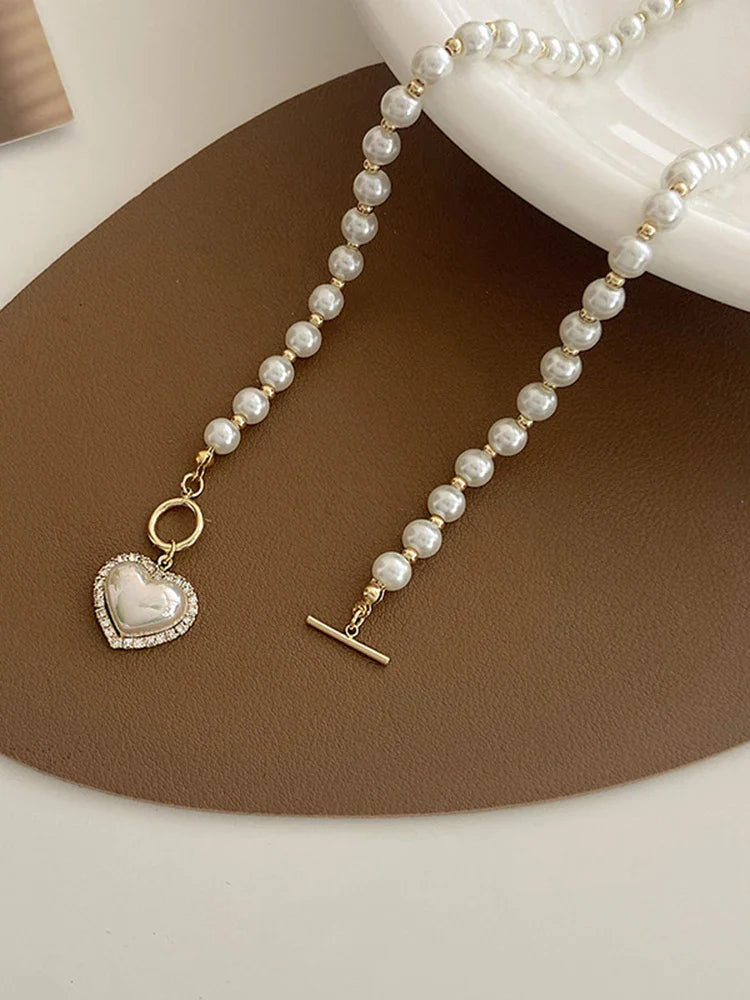 Elegant Pearl Necklace for Women – Heart Pendant Luxury Imitation Pearls Chain, Korean Jewelry Gift for Girls