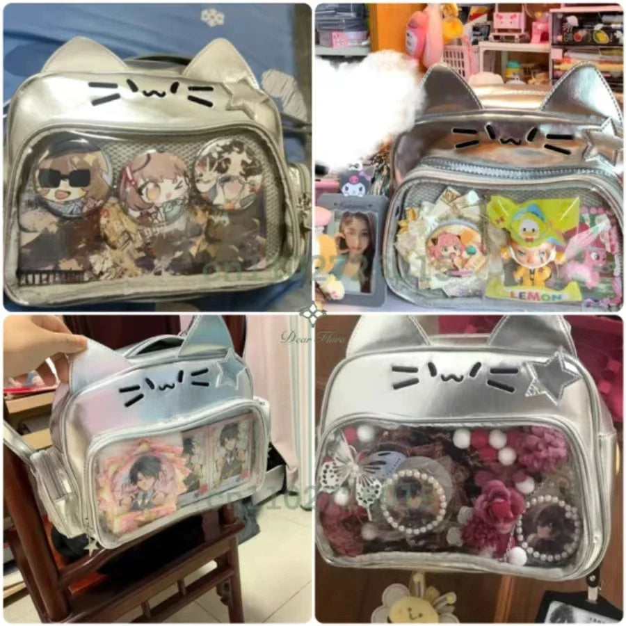 Y2K Korean Kawaii Cat Ita Bag — Cute PU Transparent Shoulder & Crossbody Bag for Girls, Harajuku Style Backpack