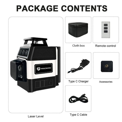 Pracmanu Mini 12-Line 3D Laser Level – 360° Self-Leveling Horizontal & Vertical Green Beam Laser