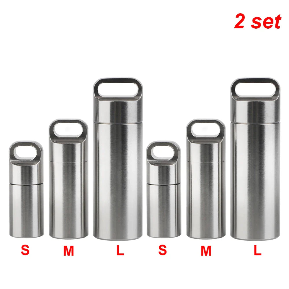 Stainless Steel Mini Pill Storage Box — S/M/L Waterproof Medicine Case with Keychain Seal Rings, Portable First Aid & Camping Pendant