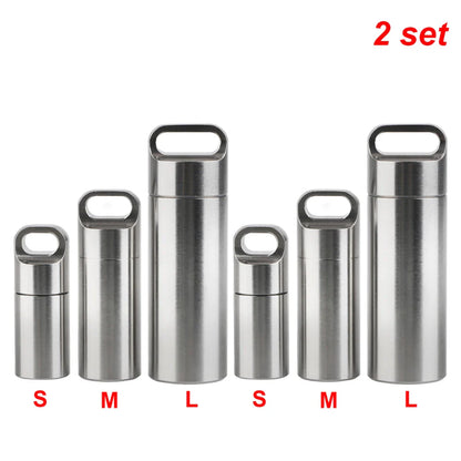 Stainless Steel Mini Pill Storage Box — S/M/L Waterproof Medicine Case with Keychain Seal Rings, Portable First Aid & Camping Pendant