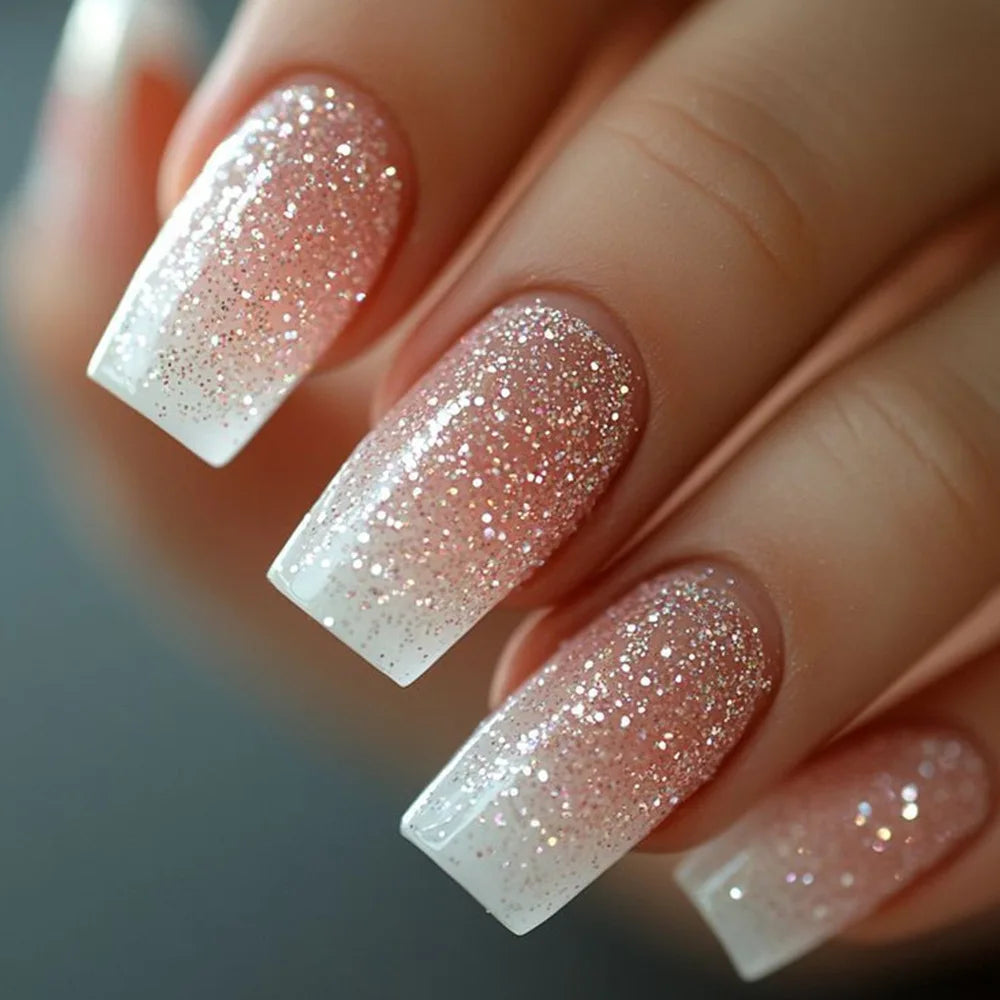 24PCS Short Square Coffin False Nails – French Glitter Acrylic Press-On Nail Tips with Glue, Wearable Fake Nails Set