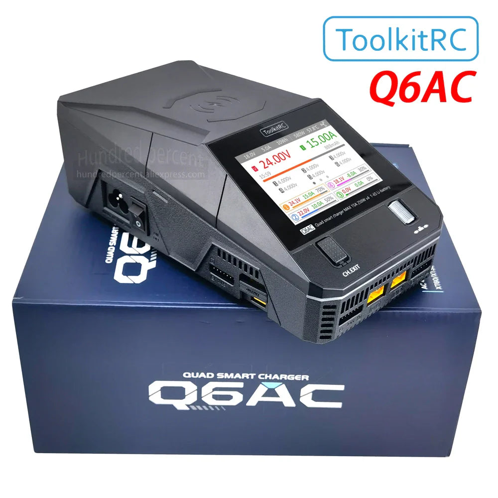 ToolkitRC Q6AC Charger — AC 400W/DC 1000W 4CH with USB A/Type-C, LiPo 1-6S, NiMH 1-16S, PB 1-10S, IPS Display