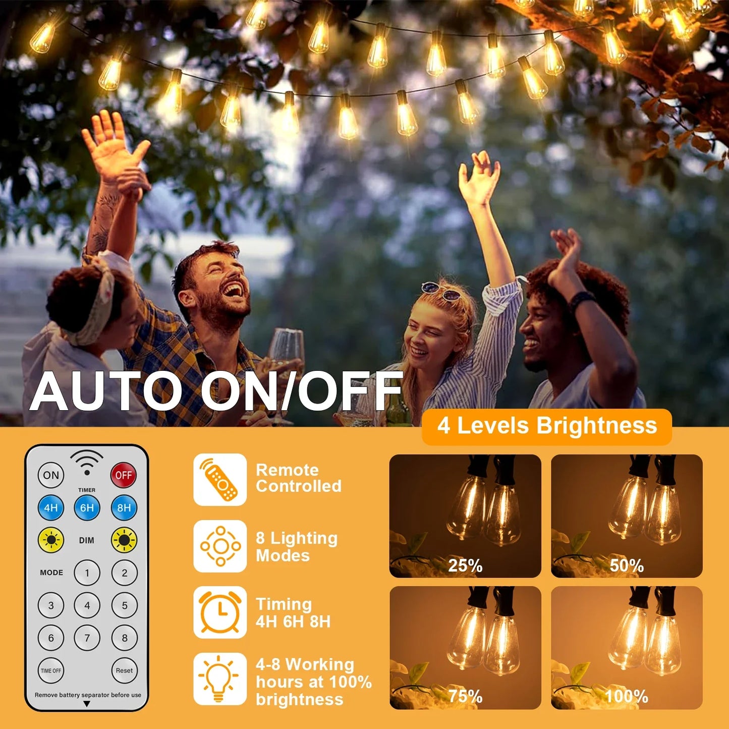 Solar Globe LED String Lights G40 — USB Rechargeable, 8 Modes Remote-Control Patio & Garden Hanging Lights, Weatherproof