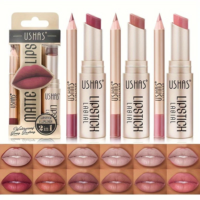 USHAS 12-Color Matte Lipstick & Lip Liner Set – Long-Lasting, Waterproof, Non-Stick Easy Coloring Lip Makeup Kit