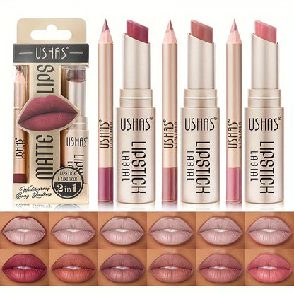 USHAS 12-Color Matte Lipstick & Lip Liner Set – Long-Lasting, Waterproof, Non-Stick Easy Coloring Lip Makeup Kit